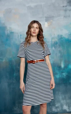 Deals ❤️ MOE Striped T ???? Shirt ???? Dress With Buckle Belt In Black White ????