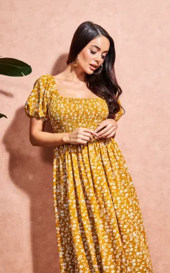 Best Sale ???? Chekani Shirred Midi ???? Dress In Yellow Floral | Isabel ⭐