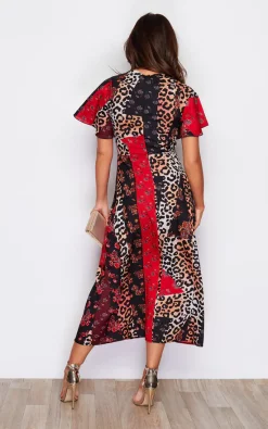 New ???? Girl In Mind Britney Angel Sleeve Split Leg Midi ???? Dress Leopard Multi Print ????