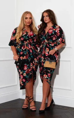 Best reviews of ???? Girl In Mind Siena Black & Red Floral Wrap Detailing Midi ???? Dress ⌛