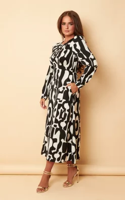Hot Sale ???? Girl In Mind Ashanti Abstract Monochrome Long Sleeve Split Midi ???? Dress ❤️