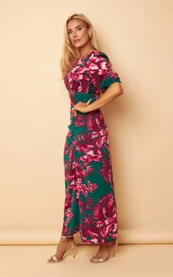 Top 10 ❤️ Girl In Mind Lucy Pink & Green Floral High Neck Ruched Midi ???? Dress ❤️