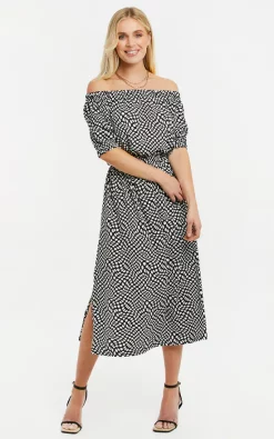 Best Pirce ???? Threadbare Black Polka Dot Bardot Midi ???? Dress ????