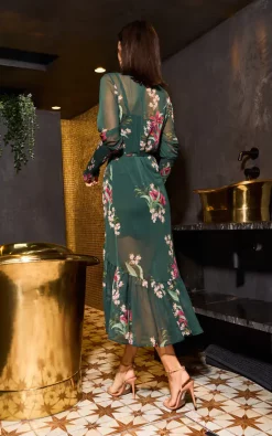 Buy ???? URBAN TOUCH Floral Print Long Sleeve Midi ???? Dress With Button Green ⭐