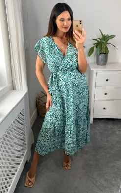 New ???? Unique21 ☀️ Summer ???? Dresses V Neck Buttons Short Sleeve Ruffle Hem Casual Midi ???? Dress Green ????