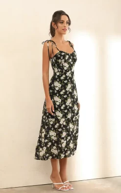 Cheap ???? Miss Floral Floral Print Strappy Ruffle Midi ???? Dress In Black ????