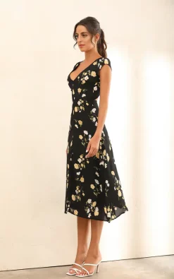 Flash Sale ???? Miss Floral Floral Print Cap Sleeve Split Midi ???? Dress In Black ????
