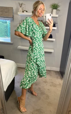 Flash Sale ???? Mela London Mela Ditsy Daisy Wrap Effect Frill ???? Dress In Green ????