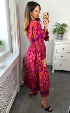 Budget ???? Belle Love Italy Verona Long Sleeve V Neck Midi ???? Dress With Elasticated Waist In Magenta Pink & Orange ????