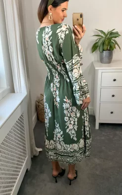 Buy ???? Belle Love Italy Modena Long Sleeve V Neck Midi ???? Dress With Elasticated Waist In Khaki And White ????