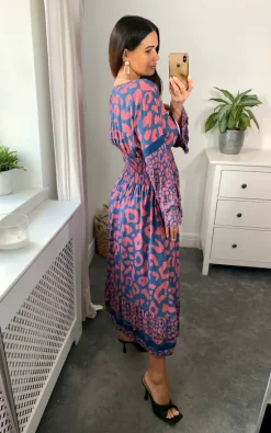 Best deal ???? Belle Love Italy Verona Long Sleeve V Neck Midi ???? Dress With Elasticated Waist In Lake Blue And Pink ????