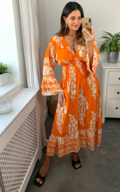 Best reviews of ⭐ Belle Love Italy Modena Long Sleeve V Neck Midi ???? Dress With Elasticated Waist In Orange And White ✨