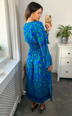 New ???? Belle Love Italy Verona V Neck Midi ???? Dress With Elasticated Waist In Blue And Green ????