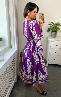 Top 10 ???? Belle Love Italy Modena Long Sleeve V Neck Midi ???? Dress With Elasticated Waist In Purple And White ⭐