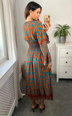 Best Pirce ✨ Belle Love Italy Verona Long Sleeve V Neck Midi ???? Dress With Elasticated Waist In Orange And Turquoise Blue ????