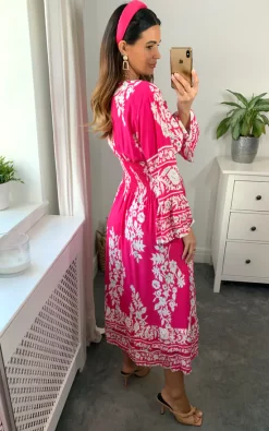 Cheapest ???? Belle Love Italy Modena Long Sleeve V Neck Midi ???? Dress With Elasticated Waist In Pink And White ✨