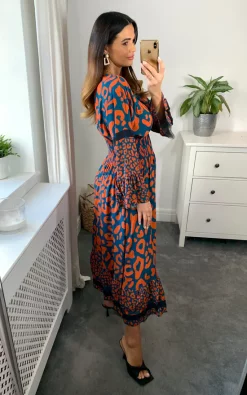 New ???? Belle Love Italy Verona Long Sleeve V Neck Midi ???? Dress With Elasticated Waist In Teal And Orange ???? -Zack Sales Store bellelove naomi 07 09 202246