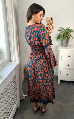 New ???? Belle Love Italy Verona Long Sleeve V Neck Midi ???? Dress With Elasticated Waist In Teal And Orange ????