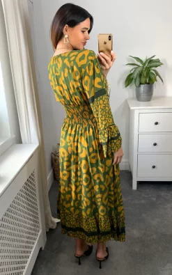 Coupon ⭐ Belle Love Italy Verona Long Sleeve V Neck Midi ???? Dress With Elasticated Waist In Khaki And Mustard ????