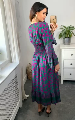 Outlet ✨ Belle Love Italy Verona Long Sleeve V Neck Midi ???? Dress With Elasticated Waist In Green And Purple ⌛