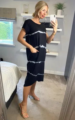 New ❤️ Belle Love Italy 2 Pocket Cap Sleeve Midi Tie Dye Casual ???? Dress Black ????