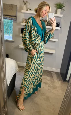 New ???? Belle Love Italy Curve Penelope Ruffle Balloon Sleeve Shirred Maxi ???? Dress With Pockets In Blue Beige Geo Stripe ????