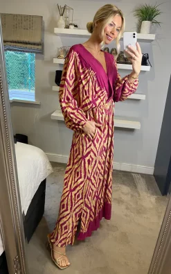 Cheap ???? Belle Love Italy Oversized Curve Penelope Ruffle Balloon Sleeve Shirred Maxi ???? Dress With Pockets In Pink Beige Geo Stripe ????