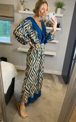 Cheap ✔️ Belle Love Italy Oversized Curve Penelope Ruffle Balloon Sleeve Shirred Midi ???? Dress With Pockets In Royal Blue Beige Geo Stripe ????