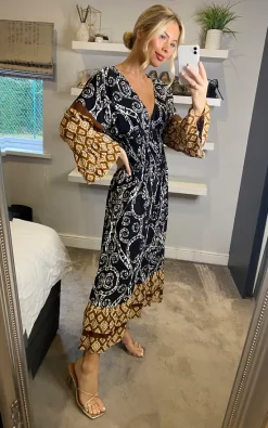 Cheap ???? Belle Love Italy Amber Ruffle Sleeve Shirred Midi ???? Dress Black & Mustard Aztec ❤️