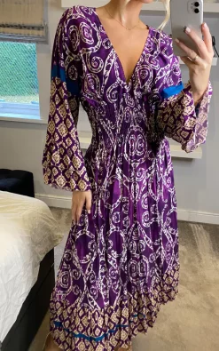 Best deal ???? Belle Love Italy Amber Ruffle Sleeve Shirred Midi ???? Dress Purple & Royal Blue Aztec ????