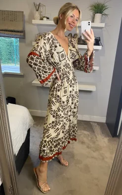 Wholesale ???? Belle Love Italy Amber Ruffle Sleeve Shirred Midi ???? Dress Cream & Red Aztec ????