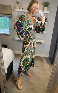 Outlet ???? Belle Love Italy Jessie Ruffle Sleeve Shirred Midi ???? Dress Green Purple Mustard Boho ????