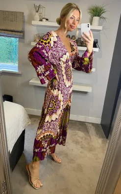 Best Pirce ❤️ Belle Love Italy Jessie Ruffle Sleeve Shirred Midi ???? Dress Blue Teal Pink Boho ✨