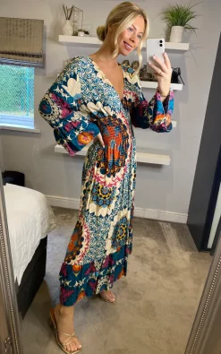 Hot Sale ???? Belle Love Italy Jessie Ruffle Sleeve Shirred Midi ???? Dress Blue Teal Pink ????