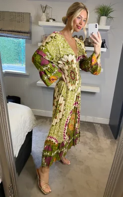 Hot Sale ✔️ Belle Love Italy Jessie Ruffle Sleeve Shirred Midi ???? Dress Green Orange Pink Boho ????