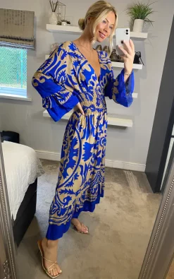 Coupon ???? Belle Love Italy Sarah Ruffle Sleeve Shirred Midi ???? Dress Royal Blue Beige Tribal ⭐
