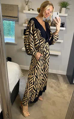 Best Sale ???? Belle Love Italy Oversized Curve Penelope Ruffle Balloon Sleeve Shirred Maxi ???? Dress With Pockets In Black Beige Geo Stripe ❤️