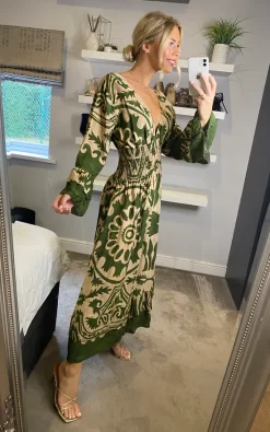 Wholesale ???? Belle Love Italy Sarah Ruffle Sleeve Shirred Midi ???? Dress Green Beige Tribal ????