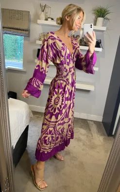 Buy ???? Belle Love Italy Sarah Ruffle Sleeve Shirred Midi ???? Dress Purple Beige Tribal ????