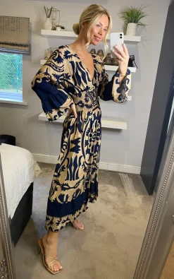 Cheapest ???? Belle Love Italy Sarah Ruffle Sleeve Shirred Midi ???? Dress Navy Beige Tribal ✔️