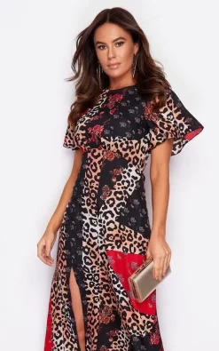 New ???? Girl In Mind Britney Angel Sleeve Split Leg Midi ???? Dress Leopard Multi Print ???? -Zack Sales Store britney angel sleeve split leg midi dress leopard multi print dresses girl in mind 673829
