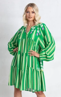 Best deal ???? Boutique Store Green Printed Long Sleeves V Neck Smock ???? Dress ⌛
