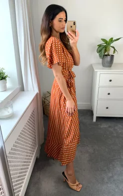 Budget ✔️ Cutie London Polka Dot Wrap ???? Dress With Flared Sleeves Brown ????