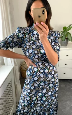 Promo ???? D.Anna High Neck Floral Print With 3/4 Smock Sleeves Tiered ???? Dress In Navy/Black ????