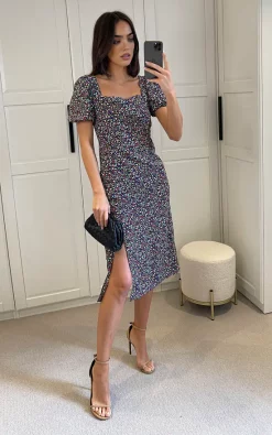 Promo ???? Glamorous Multi Splodge Floral Square Neck Midi ???? Dress Thigh Split ????