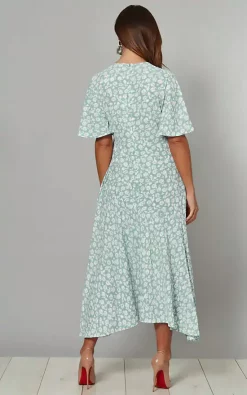 Hot Sale ???? Blue Vanilla Bobbie Angel Sleeve Wrap Midi ???? Dress In Blue Mint Floral Print ????
