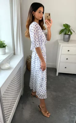 Wholesale ???? Liquorish Blue Floral And Polka Dot Print Midi Wrap ???? Dress In White ????