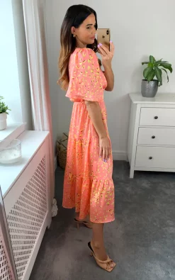 Wholesale ???? Liquorish Midi Abstract Animal Print ???? Dress In Peach ????