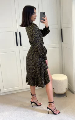New ???? Another Look Olive Green Animal Print Long Sleeve Wrap Midi ???? Dress ????
