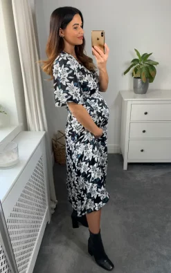 Best Sale ???? Bella And Blue Black And White Lily Print Satin Midi Wrap ???? Dress ✨ -Zack Sales Store naomi bellaandblue 13.10.2210